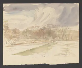 A lake and trees beneath a stormy sky, by Beatrix Potter, watercolor, 1906