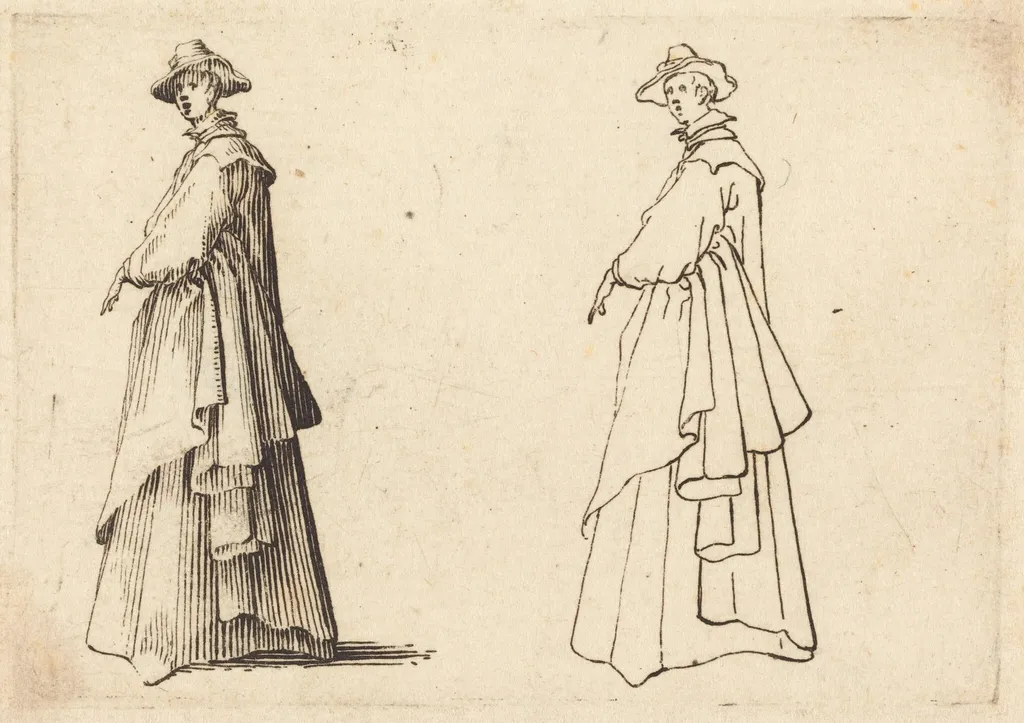 Lady in a Large Coat, by Jacques Callot, ink, 1617