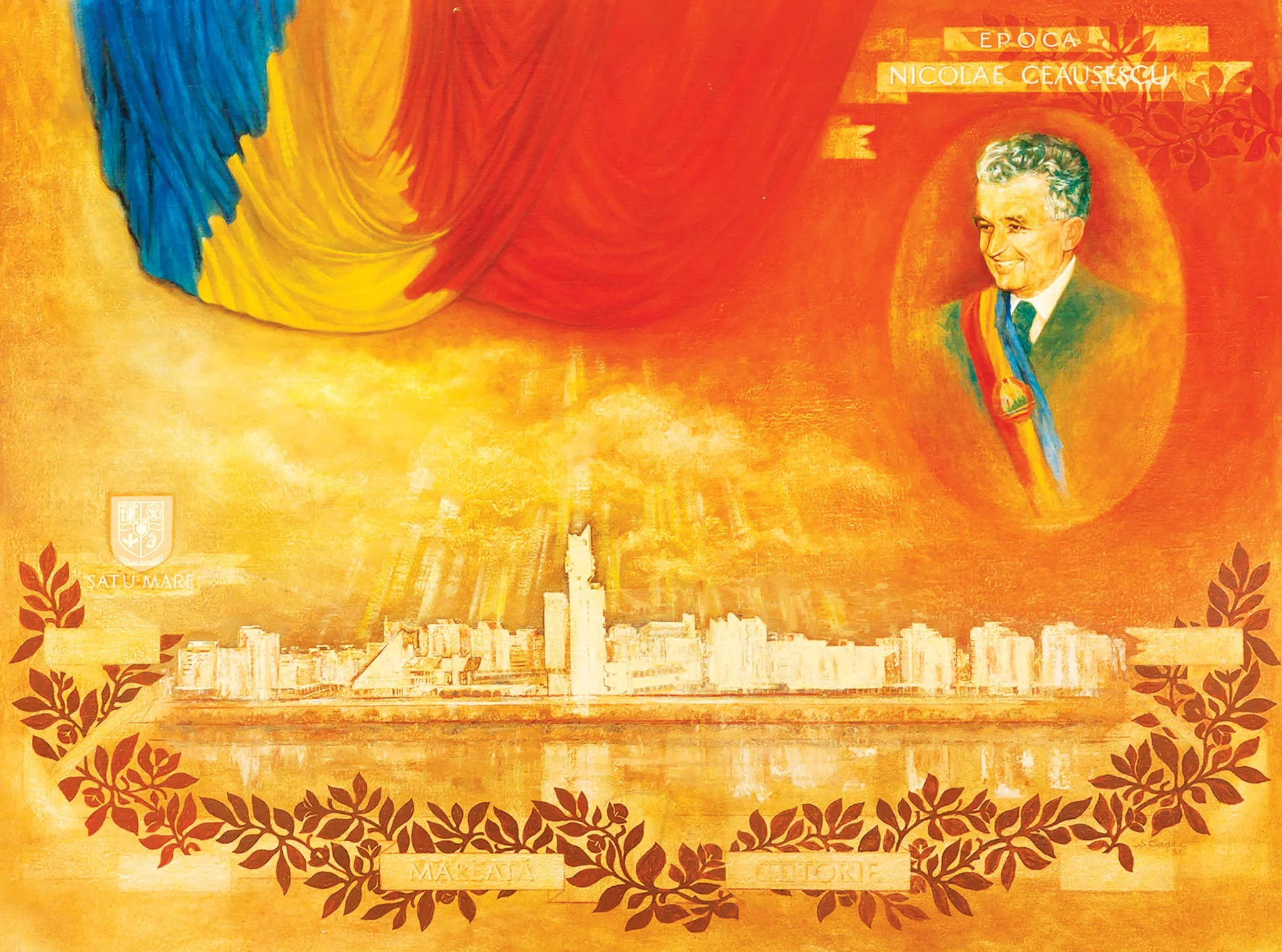 Tablou, ulei pe pânză, „Epoca Ceaușescu – Omagiu” semnat A. Cordea și datat 1986 în partea dreaptă jos. Tabloul îl prezintă pe Nicolae Ceaușescu în medalion dreapta sus privind zâmbitor la orașul Satu Mare scăldat de lumina soarelui, soarele reprezentat de tricolor și steagul PCR. Deasupra medalionului este notat cu majuscule ”EPOCA NICOLAE CEAUȘESCU”. În partea stângă stema județului Satu Mare. În partea de jos o ghirlandă, printre ramurile ei mesajul ”MĂREAȚĂ CTITORIE”. Comandat de Comitetul Județean de Partid Satu Mare (1986), detail