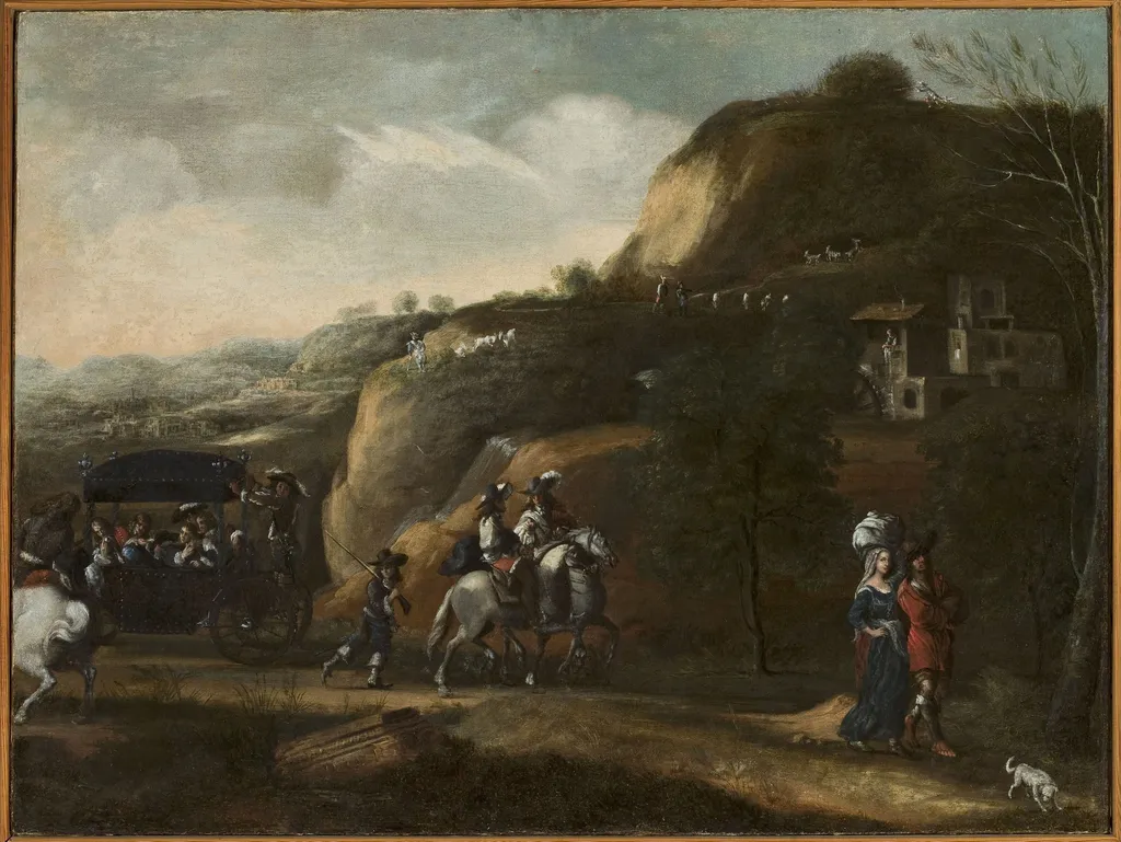Landscape with a carriage, by Frederik de Moucheron, oil, 1669