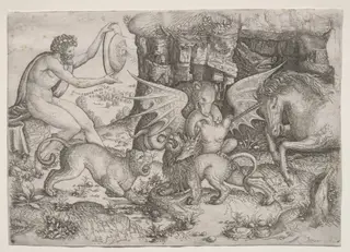 Allegorical Theme:  Combat of Animals, by Master of the Beheading of St. John the Baptist, 1518