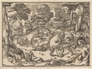 Hercules and the Nemean Lion, by Nicolò Boldrini, ink, 1566