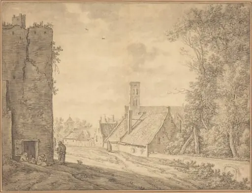 Village Landscape, by Herman Saftleven, chalk, 1648