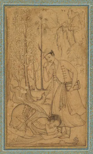 A holy man prostrating himself before a learned prince, by Basawan, unspecified, 1593