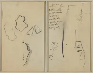 A Profile and Four Shapes; Sketch of a Man's Head [recto], by Paul Gauguin, ink, 1886