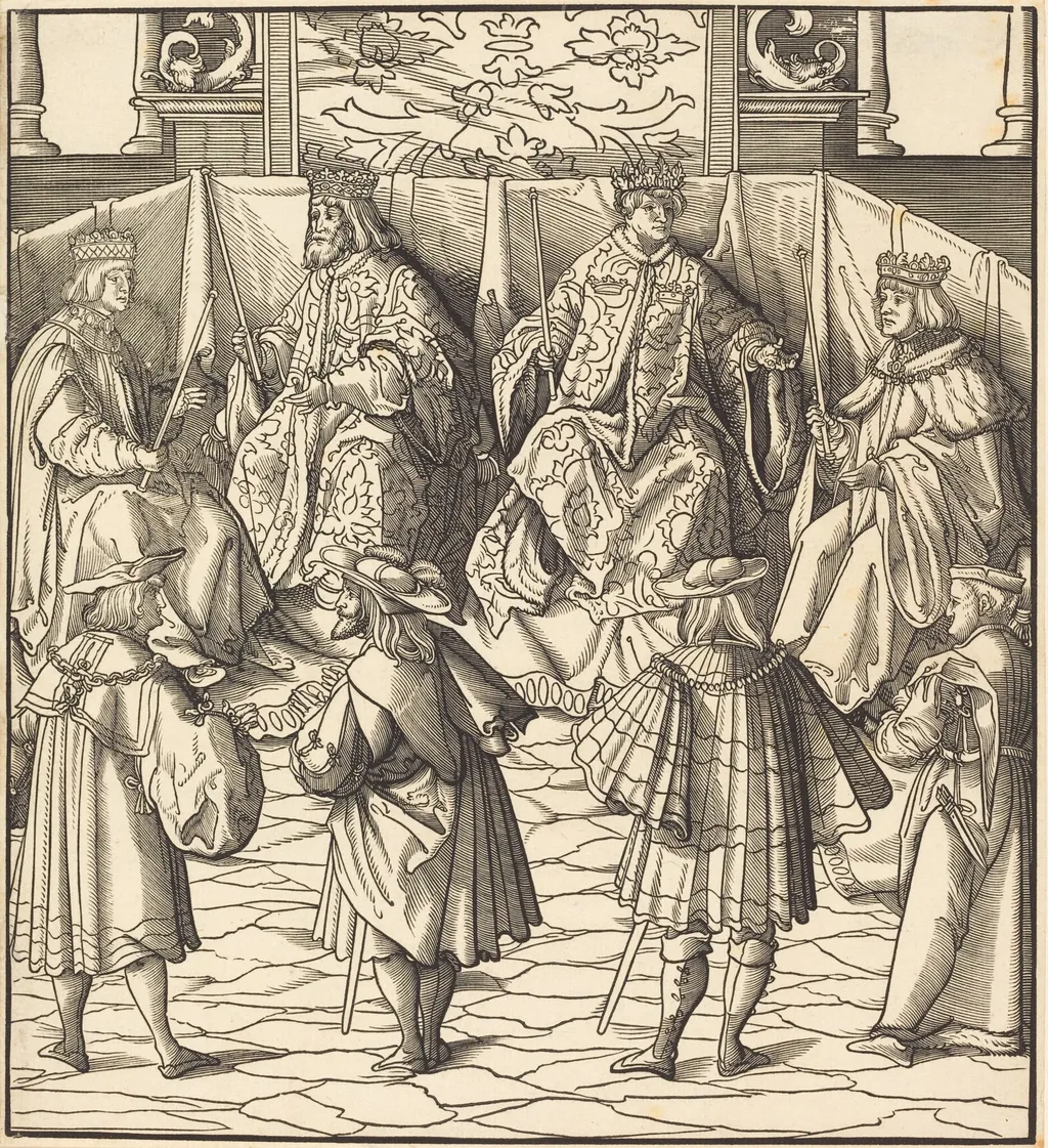 Assembly of Four Kings, in the foreground Four Men, by Leonhard Beck, ink, 1515