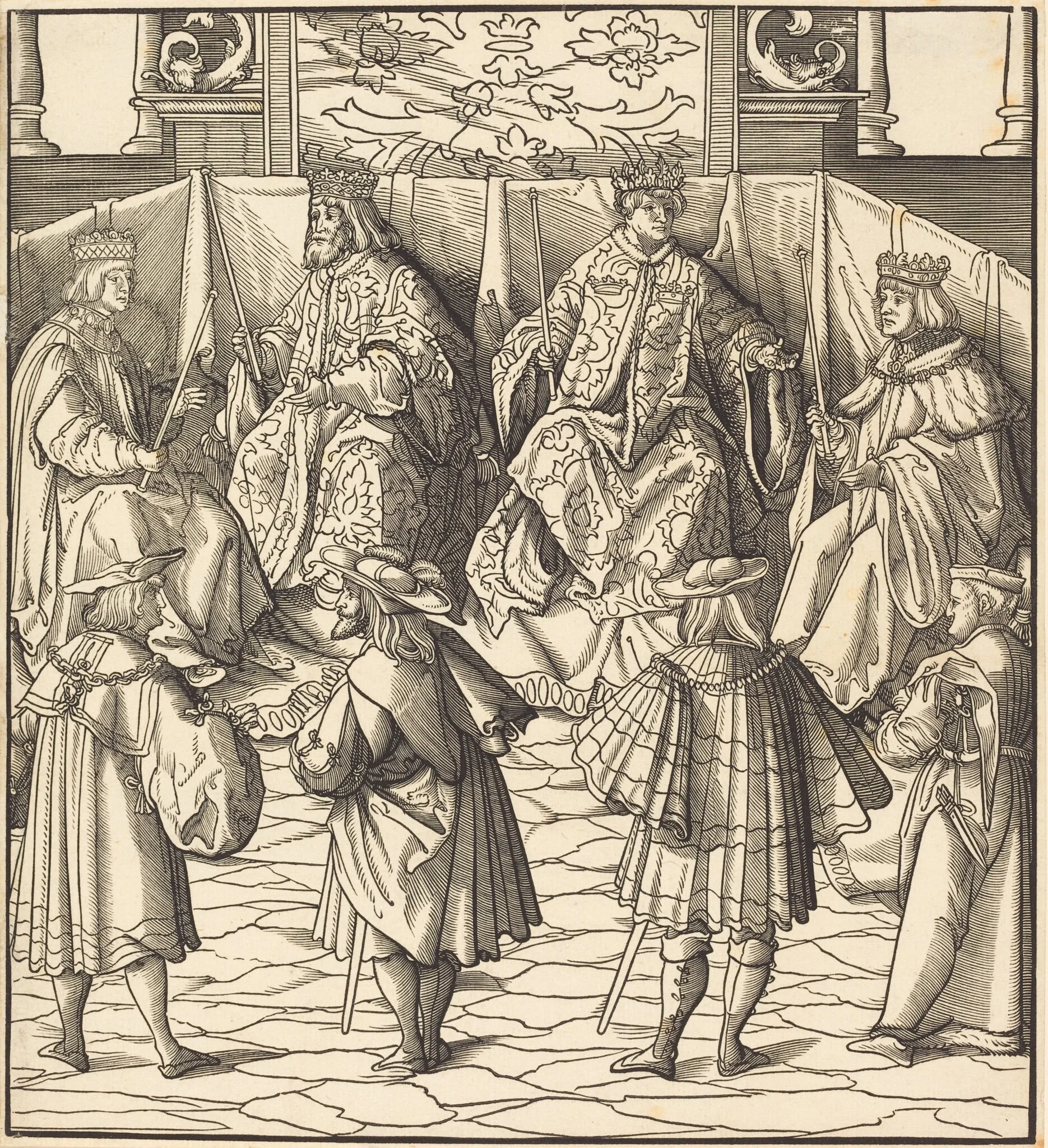 Assembly of Four Kings, in the foreground Four Men, detail