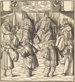 Assembly of Four Kings, in the foreground Four Men, by Leonhard Beck, ink, 1515