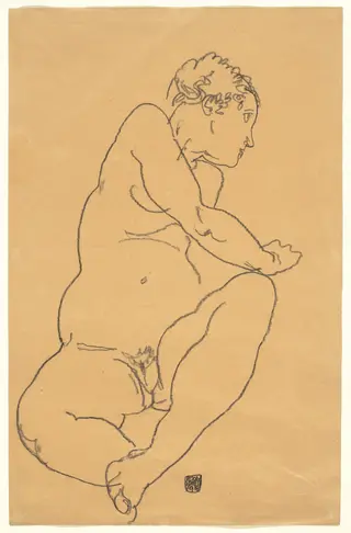 Female Nude Bending to the Left, by Egon Schiele, chalk, 1918
