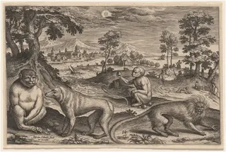 Two Apes and Two Monkeys, by Adriaen Collaert, ink, 1597