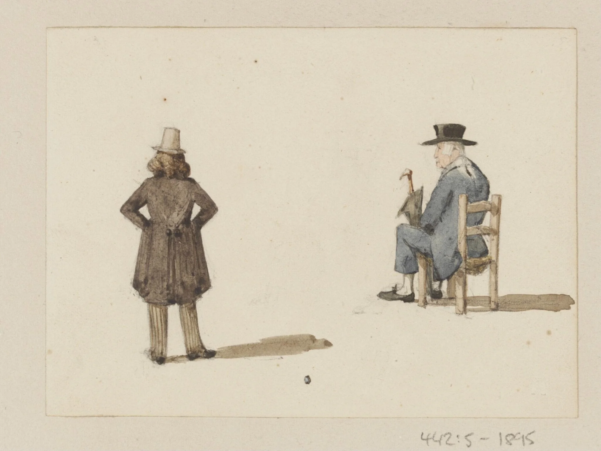 A man standing and another seated, detail