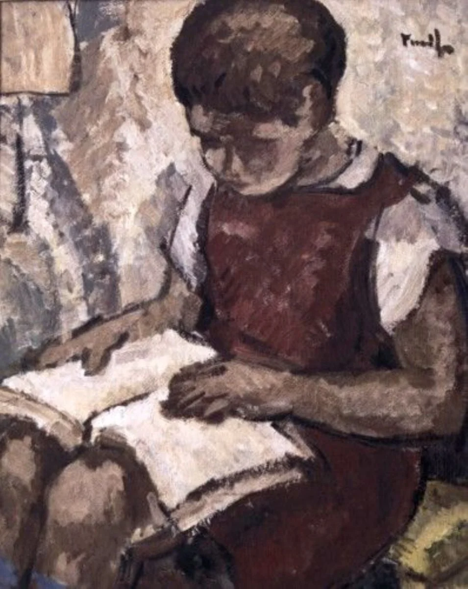 Copil în roșu citind, detail