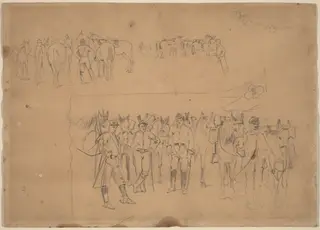 Officers and Horses at Rest, by Winslow Homer, graphite, 1864