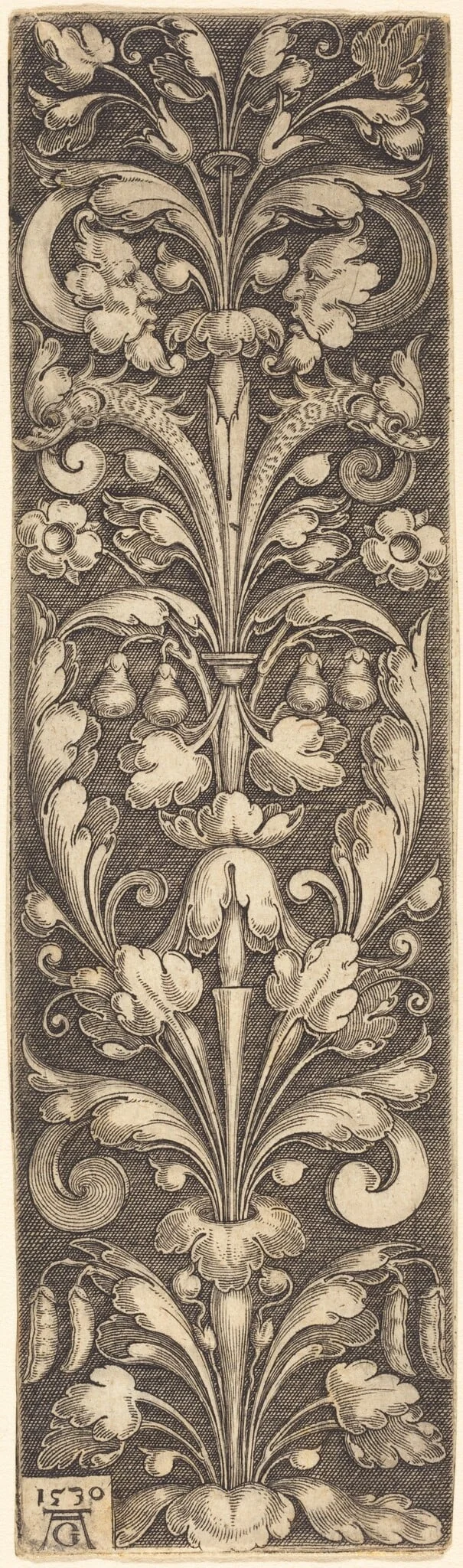 Sprig of Ornamental Foliage with Two Masks and Two Dolphins, detail