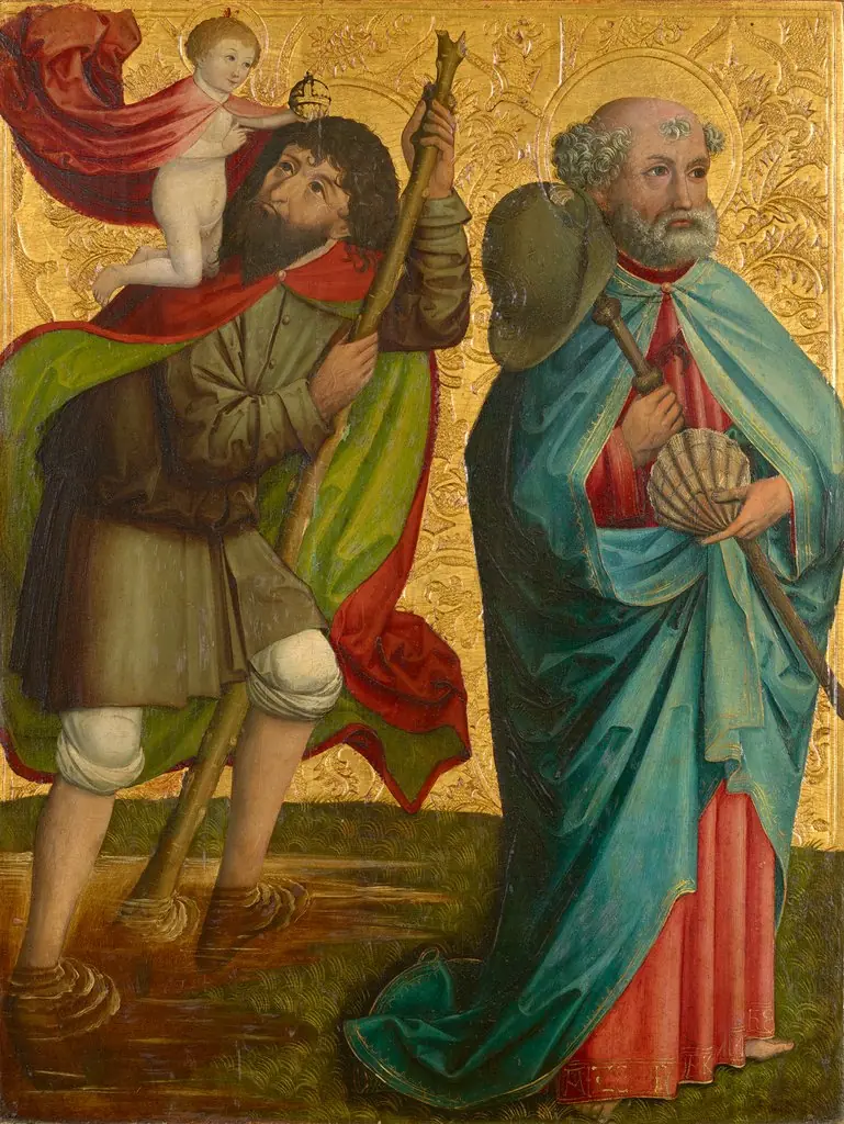 Linker Flügel des sog. Pretschlaipfer-Triptychons: Hll. Christophorus und Jakobus Major (Innenseite); Verkündigung an Maria (Außenseite), by Master of Großgmain, unspecified, 1490
