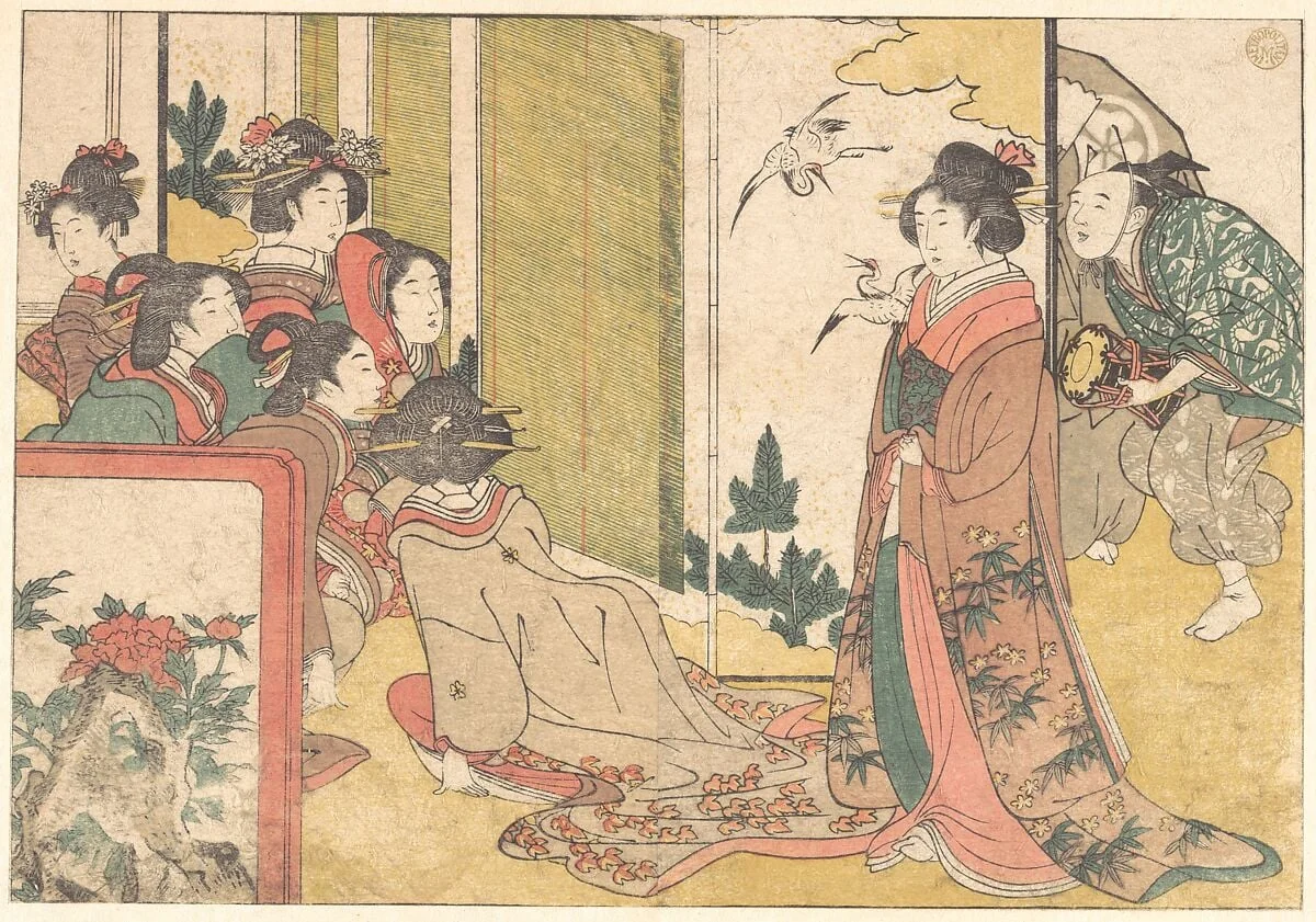 四季の花|Girls Entertained by Performers, from the illustrated book Flowers of the Four Seasons, detail