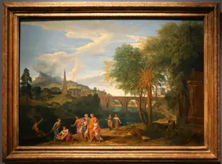 Idealized Roman landscape with the finding of Moses, by Francisque Millet, paint, 1670