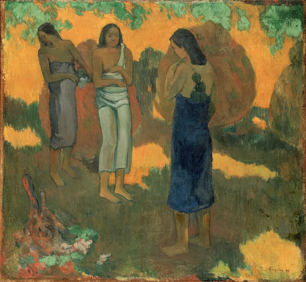 Three Tahitian Women Against a Yellow Background, by Paul Gauguin, oil, 1900