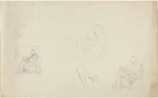 Four Studies of a Seated Woman with Children at Her Feet (Sketches for the Monument to Lady FitzHarris?), by John Flaxman, graphite, 1816