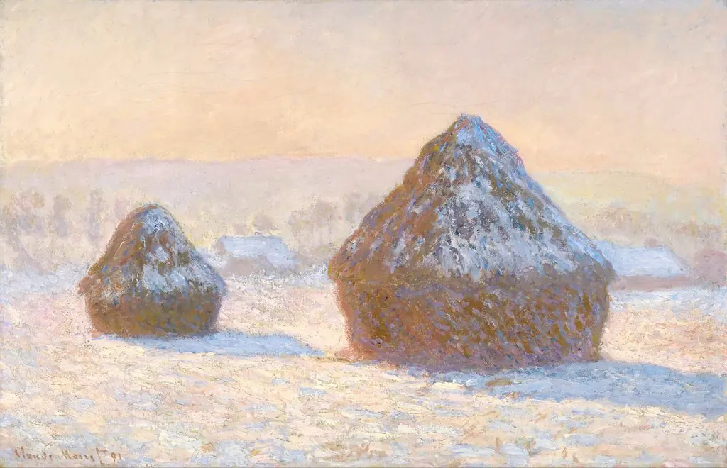 Wheatstacks, Snow Effect, Morning (Meules, Effet de Neige, Le Matin), by Claude Monet, oil, 1896