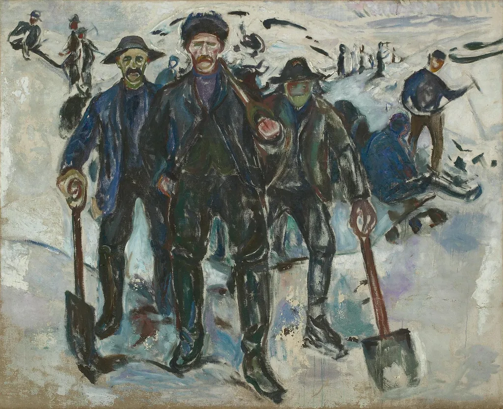 Workers in Snow, by Edvard Munch, oil, 1913