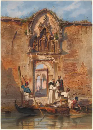 Monks Buying Fish before the Portal of the Madonna della Misericordia, by Ludwig Johann Passini, gouache, 1855