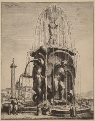 The Fountain and the Column of Trajan in Rome, by Jan Lutma II, ink, 1656