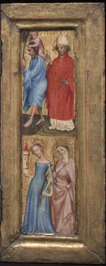 St. Christopher, St. Erasmus, St. Barbara, and another female saint, detail