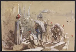 Advanced guard & Baggage of the Royal artillery landi[ng] a[t]  Alexandria en route for India, by T. B. S., watercolor, 1857