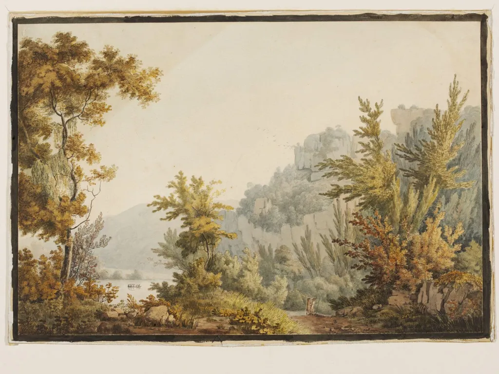 Landscape with Lake and Cliffs, by William Day, watercolor, 1782