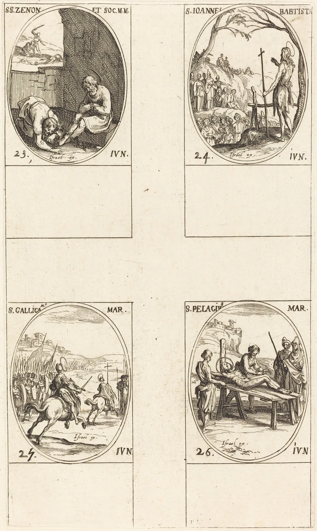 St. Zenon and Companions; St. John the Baptist; St. Gallicanus; St. Pelagius, by Jacques Callot, ink, 1634