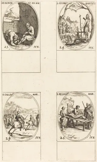 St. Zenon and Companions; St. John the Baptist; St. Gallicanus; St. Pelagius, by Jacques Callot, ink, 1634