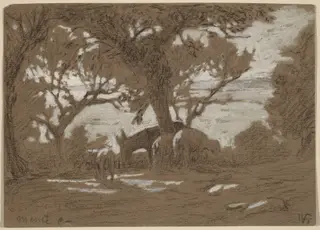 Mt. Colognola - Sheep Grazing on Lake Trasimeno, by Elihu Vedder, gouache, 1878