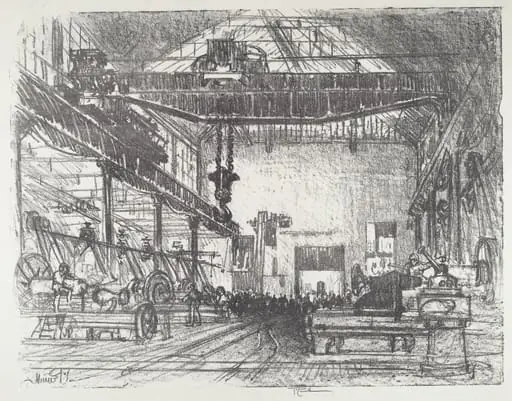 Planing Big Shells, by Joseph Pennell, ink, 1916