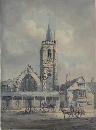 A Church in a Market Place, by Dayes, watercolor, 1792