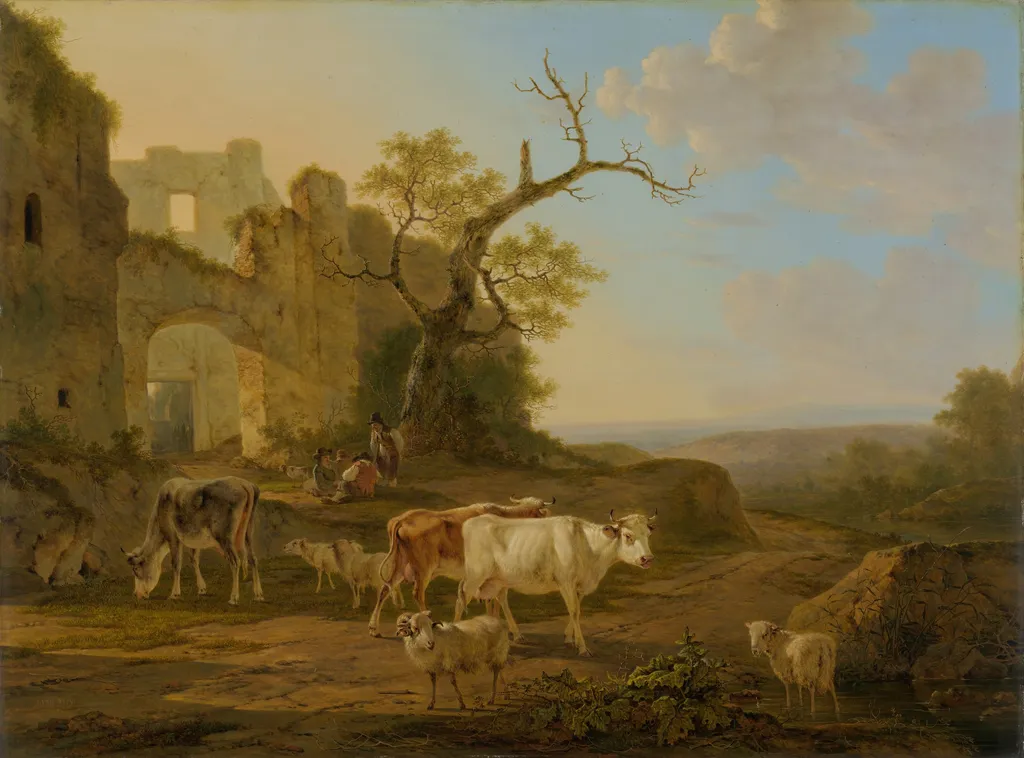 Landscape with Cows near a Ruin, by Jacob van Strij, oil, 1807