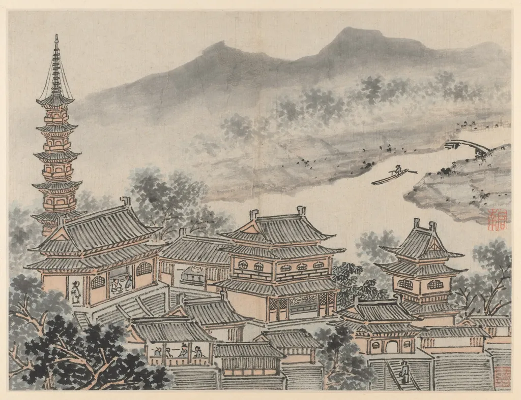 The Thousand Buddha Hall and the Pagoda of the "Cloudy Cliff" Monastery, from Twelve Views of Tiger Hill, Suzhou, by Shen Zhou, unspecified, 1500