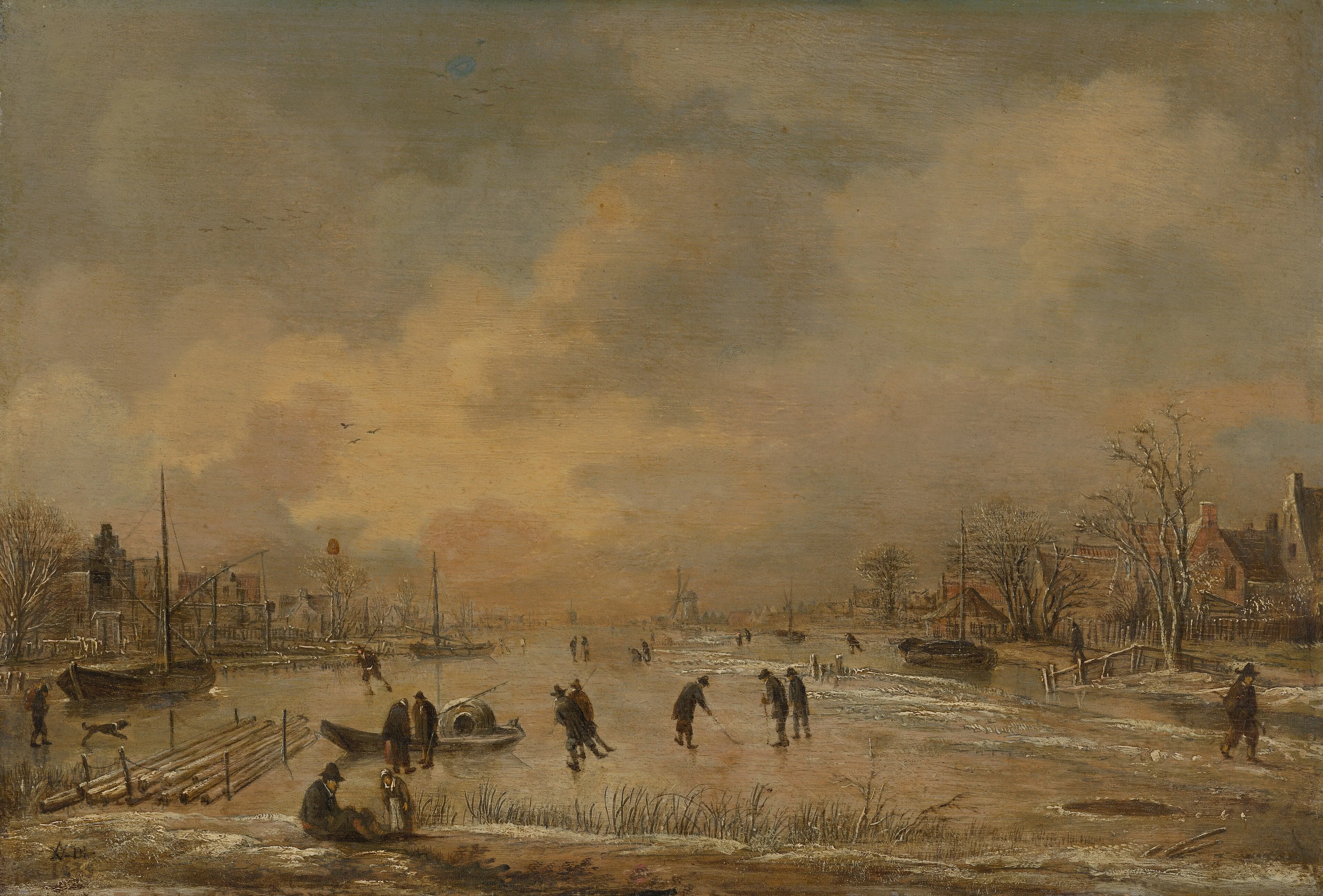 Winter landscape with houses, detail