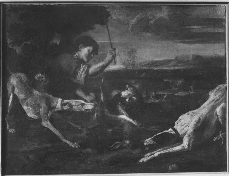 Landscape with a hunter and three dogs that kill a rabbit, detail