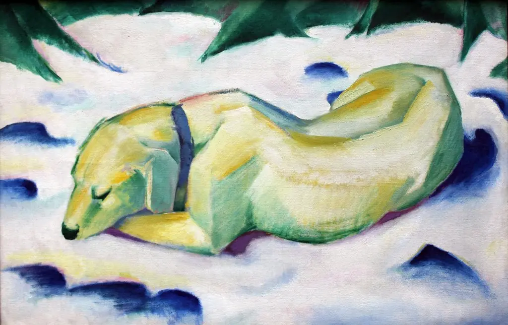 Dog Lying in the snow, by Franz Marc, oil, 1911