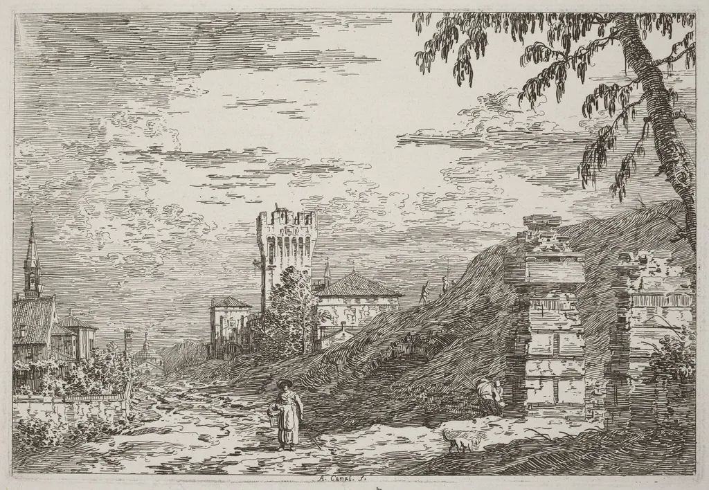 Landscape with Tower and Two Ruined Pillars [left], by Canaletto, ink, 1740
