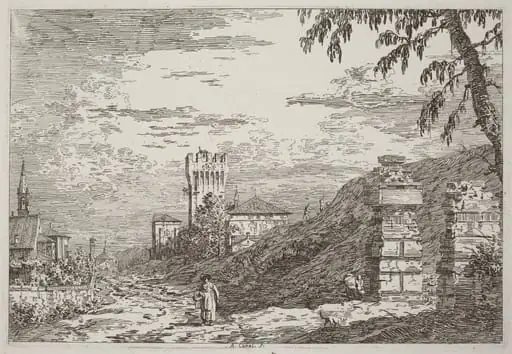 Landscape with Tower and Two Ruined Pillars [left], by Canaletto, ink, 1740