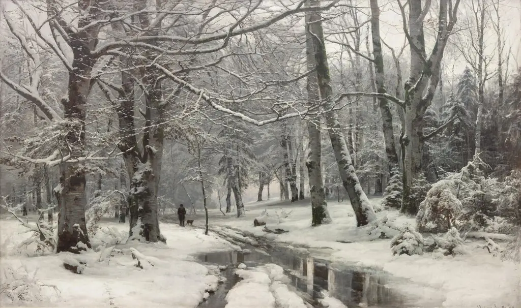 Thaw in a Beech Forest, by Anders Andersen-Lundby, oil, 1891