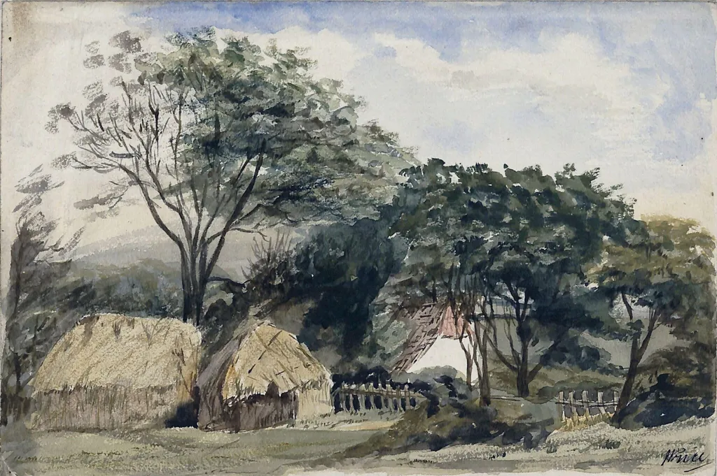 Hayrick and cottage under trees, by James Price, watercolor, 1842