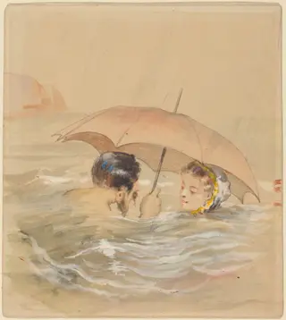 Male and Female Bathers with Umbrella, by Alfred Grévin, gouache, 1860