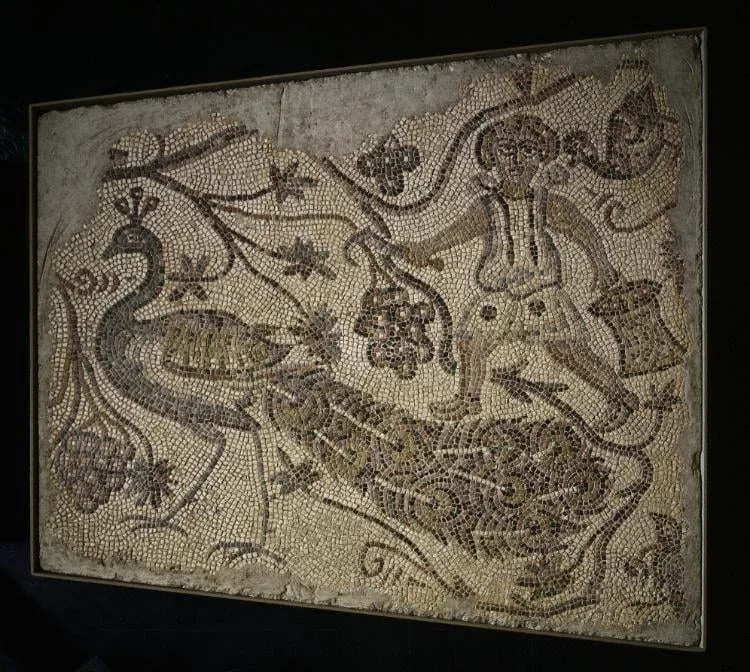 Floor Mosaic Panel: Grape Harvester with Peacock, detail