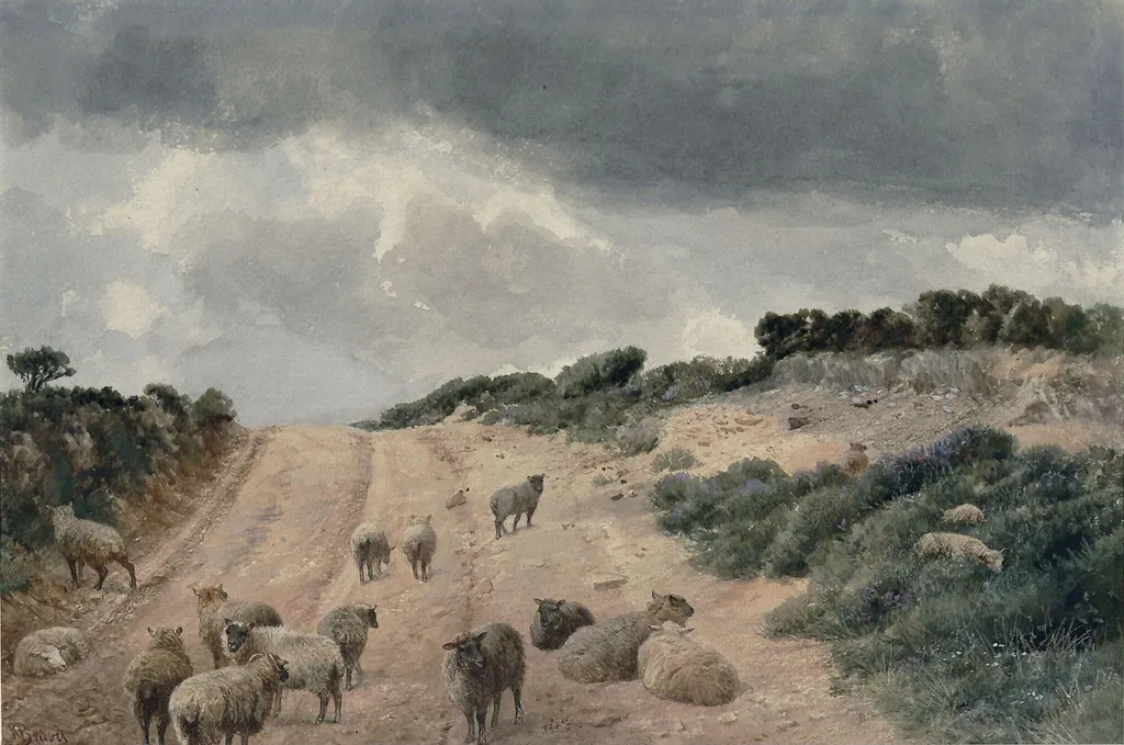 Sheep on the Surrey Hills, by Richard Beavis, watercolor, 1844