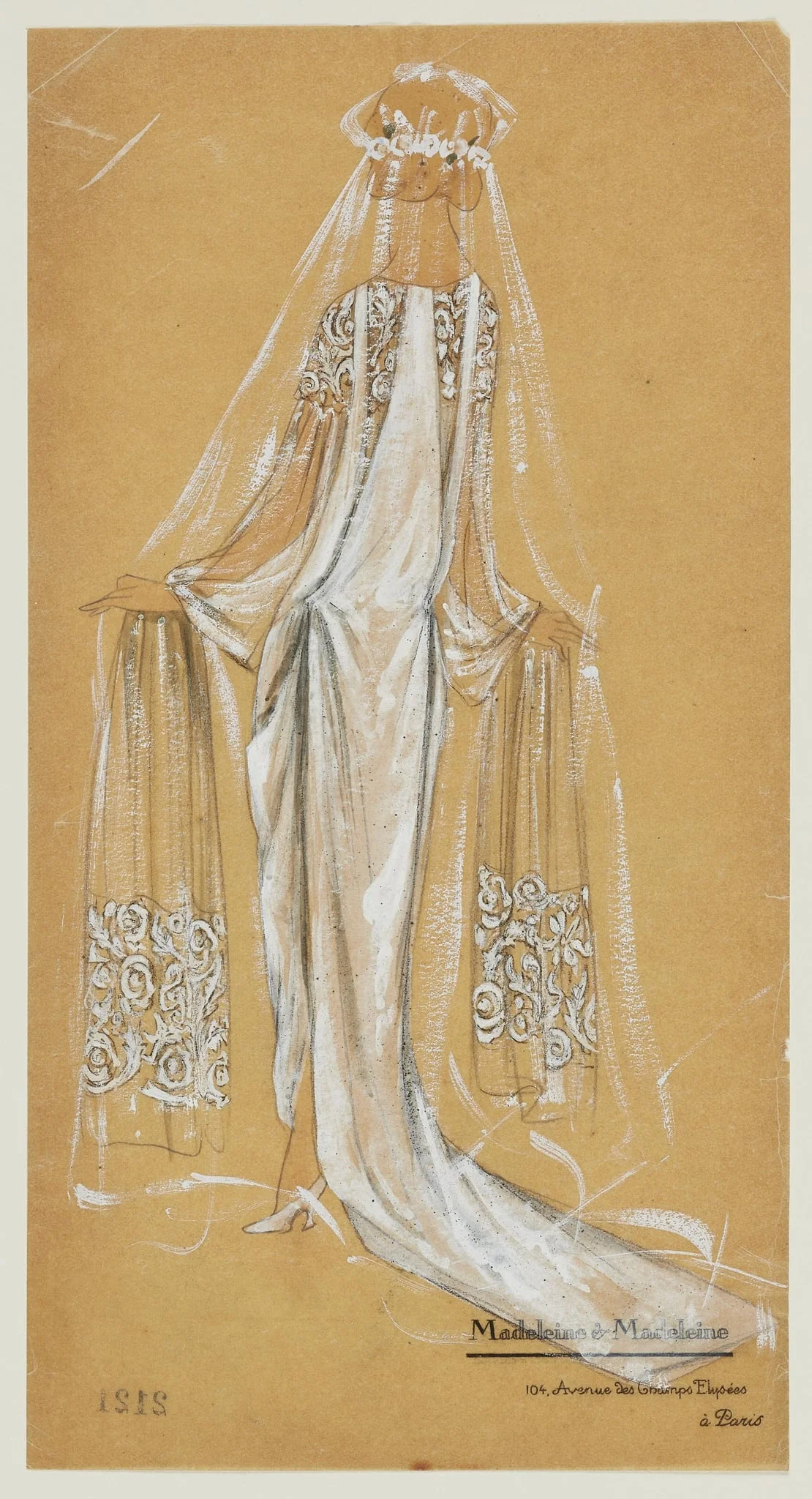 Figure vue de dos en robe de mariée et voile brodés, Madeleine & Madeleine, vers 1924, detail