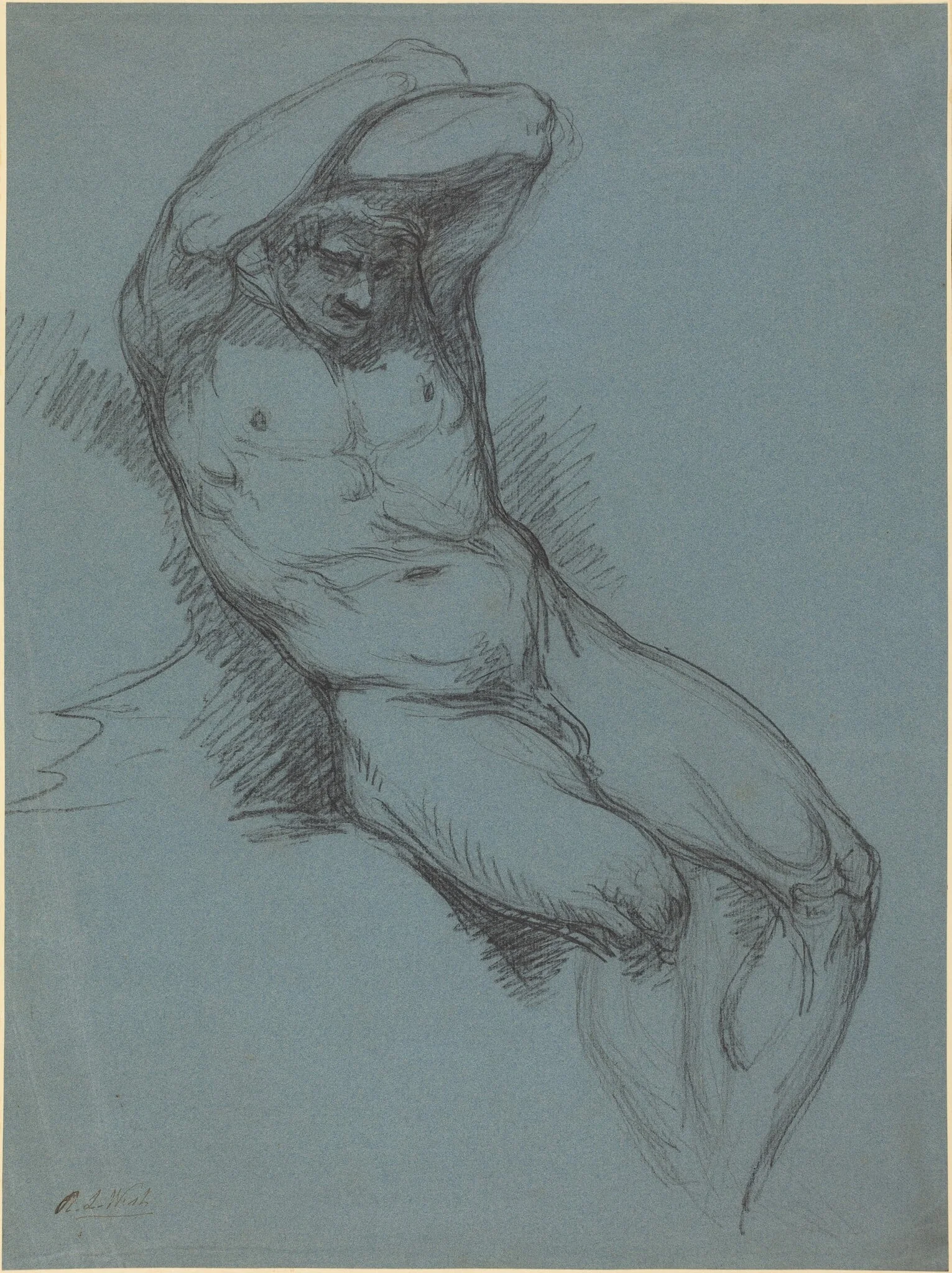 A Seated Male Nude with His Hands Crossed over His Head, detail