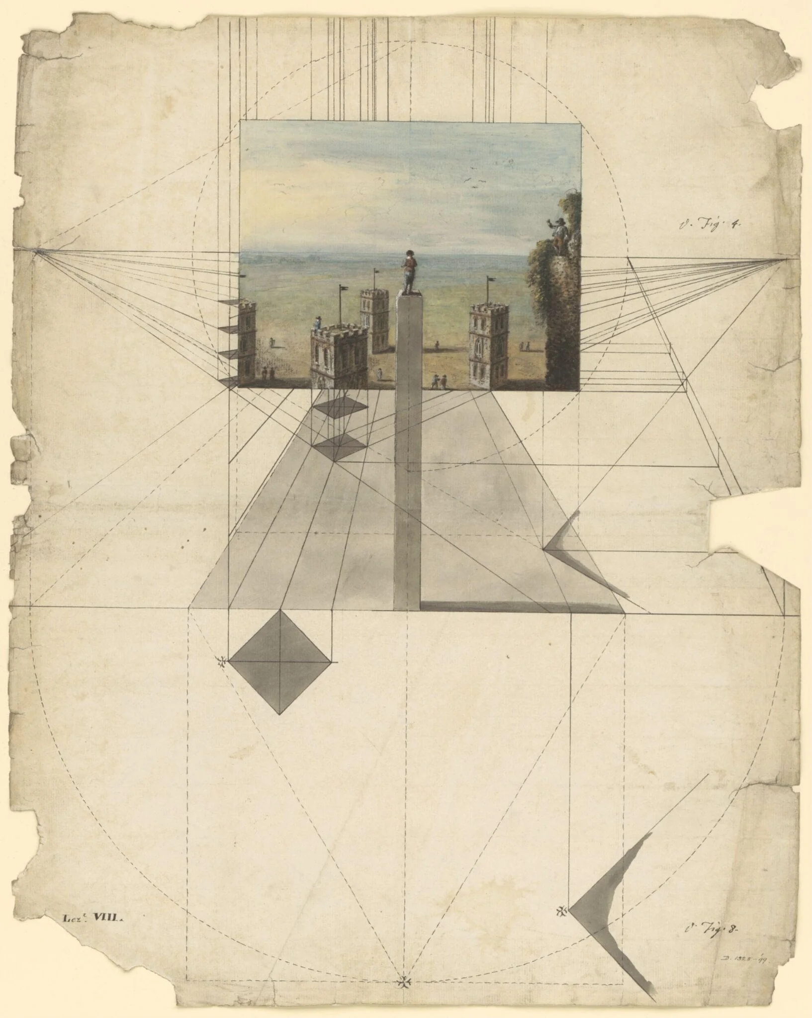 A lesson in perspective showing a method of drawing towers from a point above them, detail